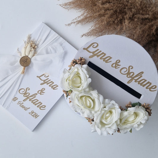 Urna Blanca y Libro de Visitas – Detalles Dorados o Plateados